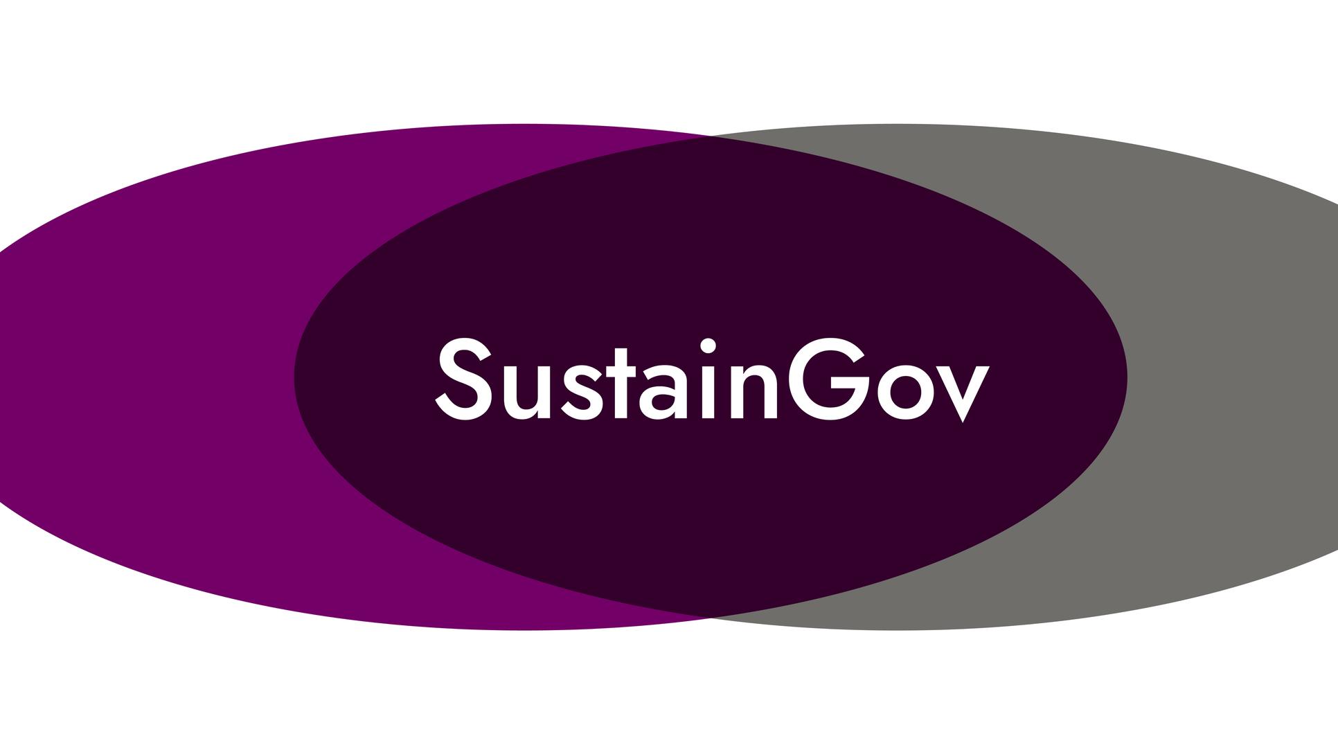 Purple and gray round shapes with the text SustainGov - from collaboration to co-creation.