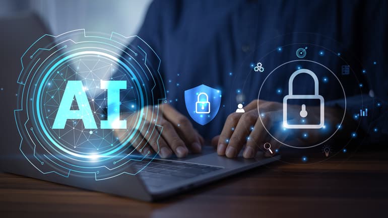 Affärsman som använder AI-algoritmer för att skydda integritet och hantera datasäkerhet effektivt. AI-teknik för datasäkerhet