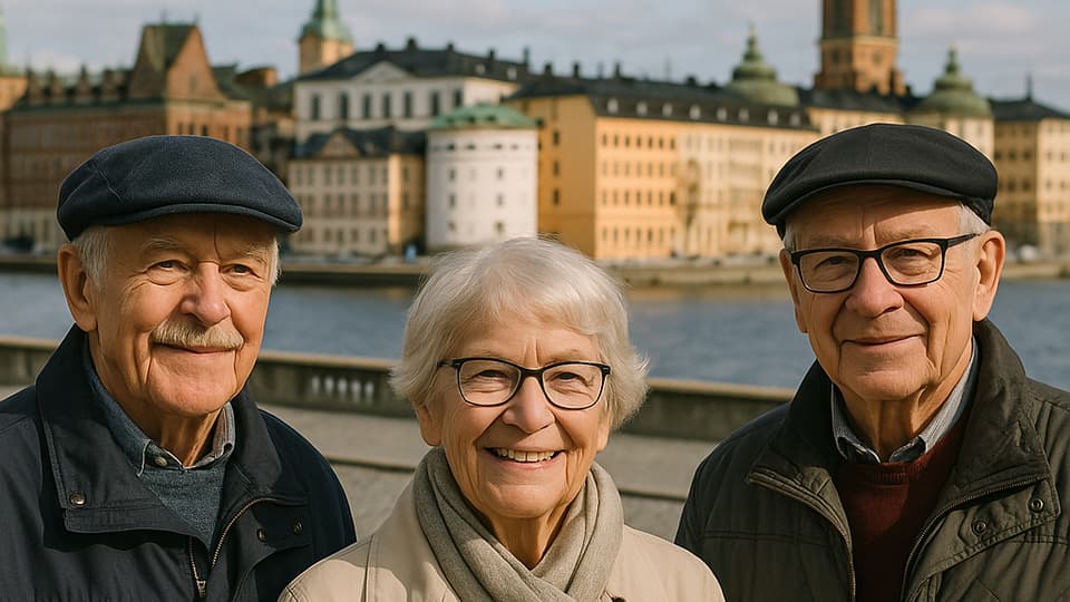 Tre äldre personer  - två män och en kvinna - utomhus i Stockholm.