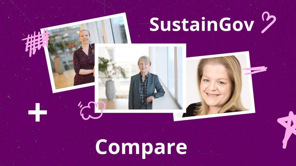 Collage med foton på tre kvinnor samt texten SustainGov + Compare.